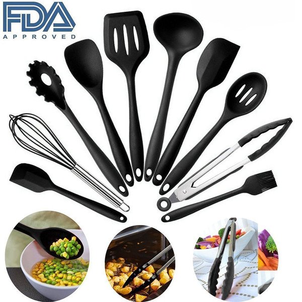 10 Piece black Nylon Cooking Utensil Set on a Ring with Plastic Handles