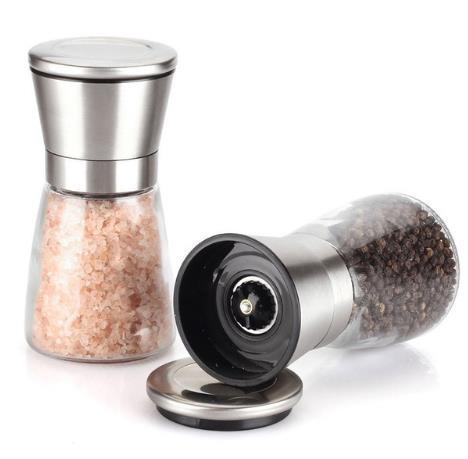 Salt and Pepper Grinder Set Adjustable Coarseness Premium Pair Salt and Pepper Mills Stainless Steel Glass Body Shakers