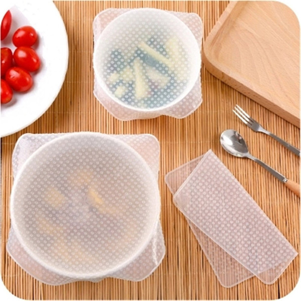 New 4pcs. Multifunctional Food Fresh Saran Wrap Kitchen Recycling Tools Silicone Nutritional Wrapping Print Vacuum Stretch Cover