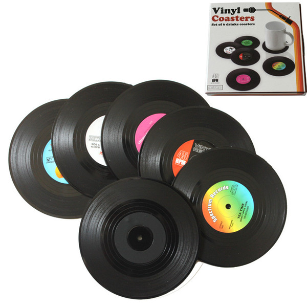 2017 Drink Retro Vinyl Coasters Antiskid Insulation Vinyl Records CD Round Cup Coasters 6pcs Set for Home Table