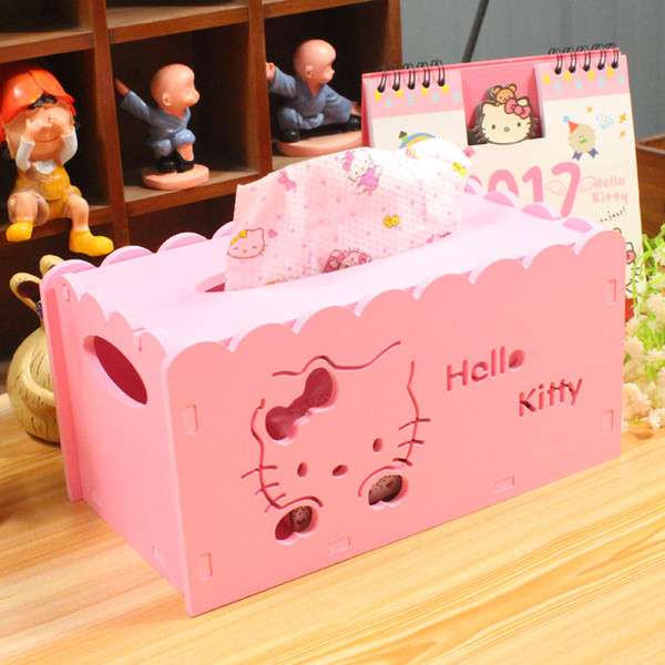 Wholesale- Hello Kitty Cartoon Animation Tissue Case Box Home Decor Wooden Towel Paper Box Home/Car Napkin Papers Bag Holder Box B41