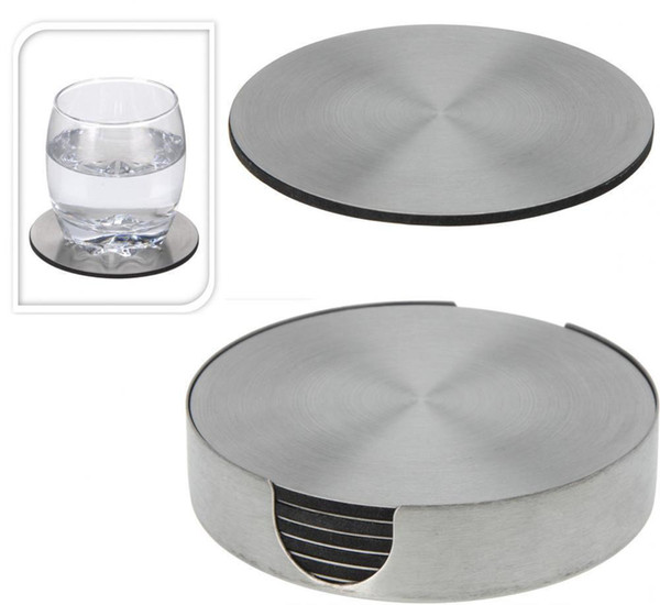 Enipate Set of 6 Round Stainless Steel Coaster Coasters with Holder Metal Insulation Pad Protecting Table