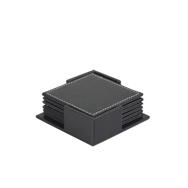 Wholesale- Wholedsale Mats & Pads ,Icarekit,6pcs Leather Office Desk Square Coasters Set with Holder for Drinks - Black 460183