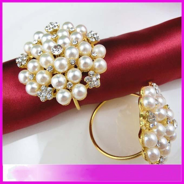 Wholesale Pearls Rhinestone Napkin Rings Hotel Wedding ,Flower Shape pearl gold ring napkin holder Western Style Wedding Rings