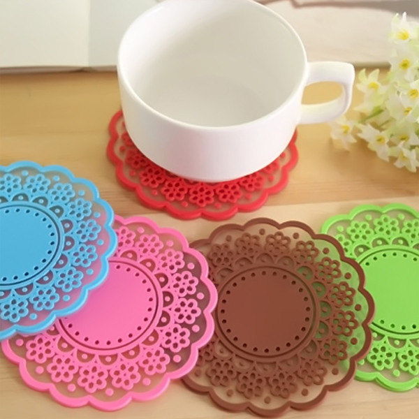 Free Shipping Hot Sale 1 Piece wholesale Non-slip Silicone Lace Flower Cup Coaster Pad Table Placemats AMI-246