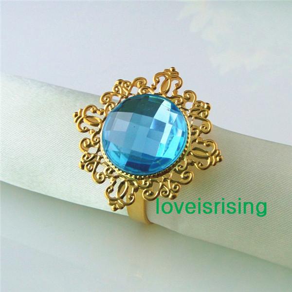 Lowest Price--50pcs Aqua Blue Gold Plated Vintage Style Napkin Rings Wedding Bridal Shower Napkin holder-- Free Shipping