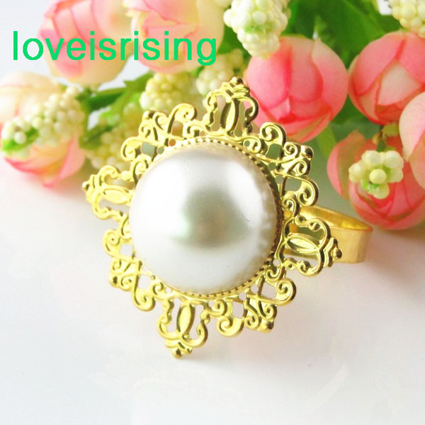 Lowest Price--100pcs Ivory Pearl Gold Plated Vintage Style Napkin Rings Wedding Bridal Shower Napkin holder-- Free Shipping