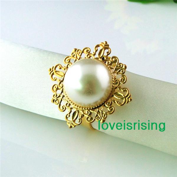 Lowest Price--50pcs Ivory Pearl Gold Plated Vintage Style Napkin Rings Wedding Bridal Shower Napkin holder-- Free Shipping