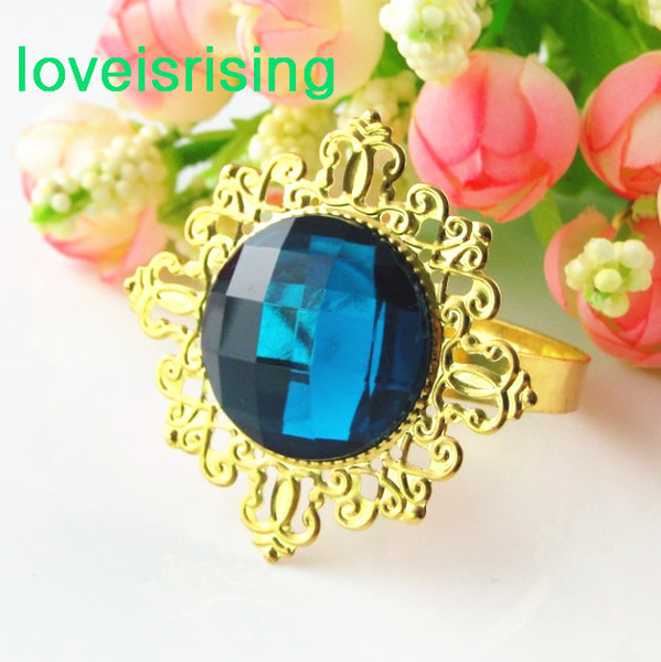 Lowest Price--100pcs Teal Blue Gold Plated Vintage Style Napkin Rings Wedding Bridal Shower Napkin holder-- Free Shipping