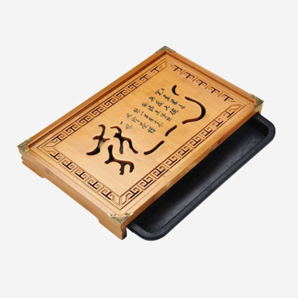 Hot Sale Flower Carving Kung Fu Tea Set Natural Wood Bamboo Tea Tray Rectangular Traditional Bamboo Puer Tea Table