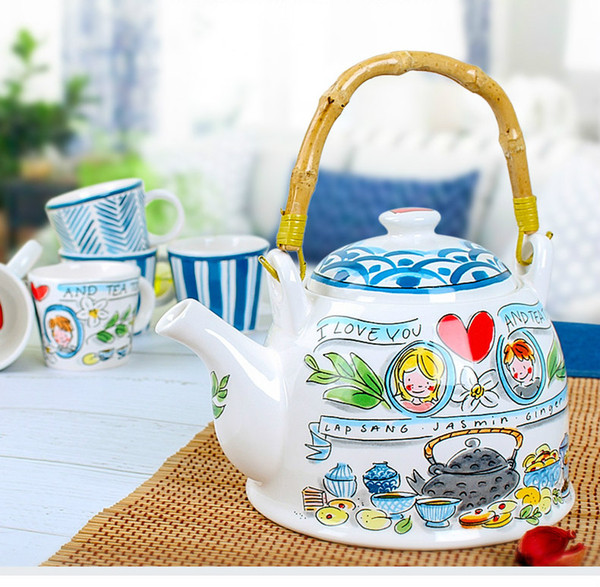 Cartoon Thick heat-resistant ceramic tea set Glaze kettle 1.2L Teapot 150ml 6 cups Hand-painted decals