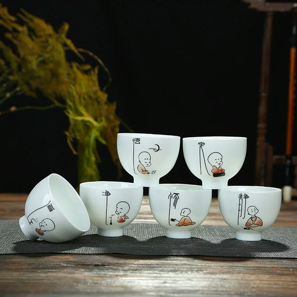 Zen Porcelain Tea Cups Gift Set of 6 Traditional Kong Fu Teacups Small Monk and Chinese Calligraphy Design Asian Housewarming Gift