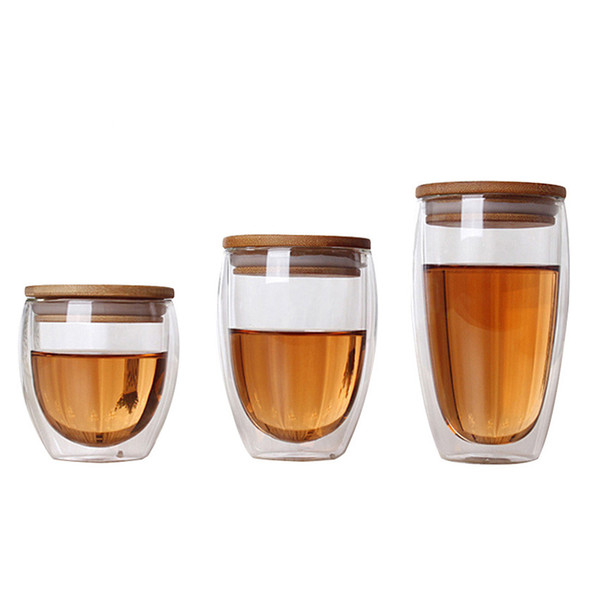 Double Glass Cup Coffee Mugs Tea Cup Transparent Heat-resistant Glass Cups With Bamboo Insulation Cup Lid Creative Wholesale