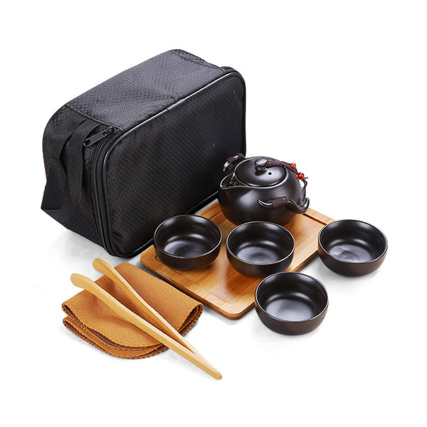 Portable Travel Kung Fu Tea Set with Handmade Ceramic Teapot Tea Cups Bamboo Tray Travel Bag Traditional Chinese Tea Ceremony