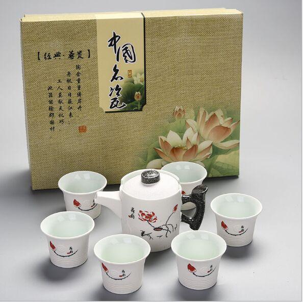 1 set 7head tea sets snow glaze kung fu tea sets porcelain pot gift box packagin