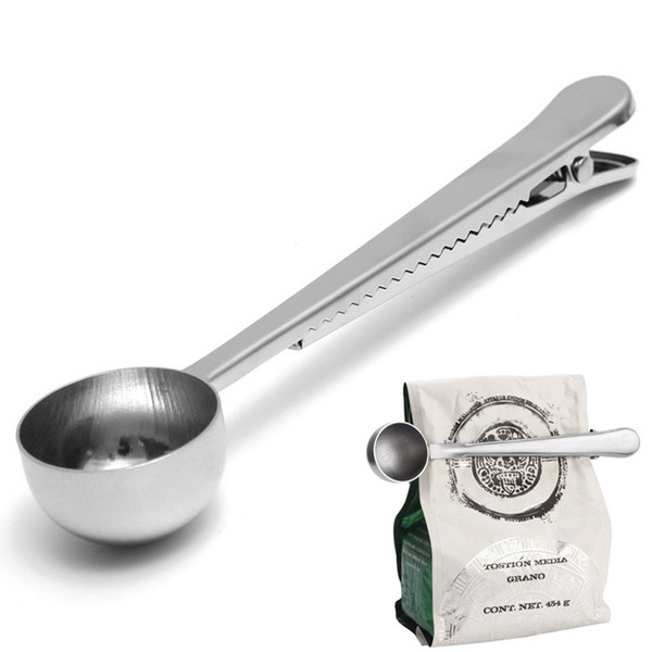 1 Pc Silver Stainless Steel Ground Coffee Tea Measuring Scoop Spoon With Bag Seal Clip Professional Kitchen Bar Tool