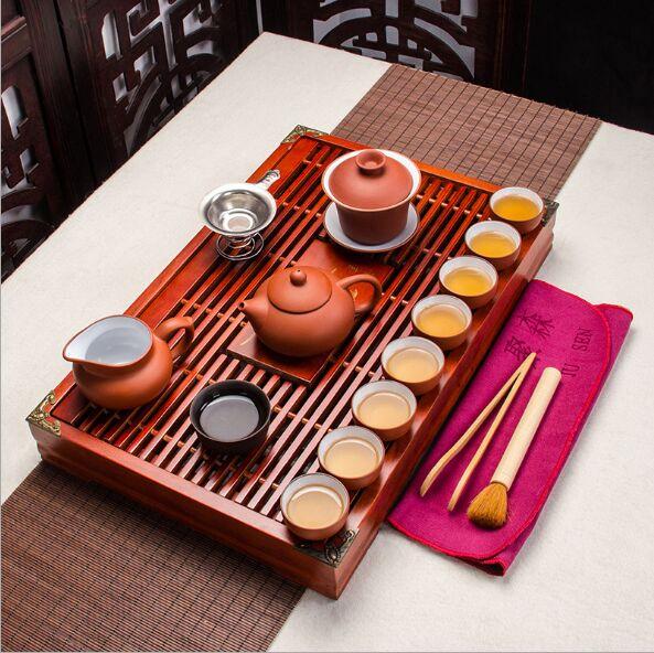 1 set Kung fu tea set yixing purple sand art solid wood tea tray ceremony tea table