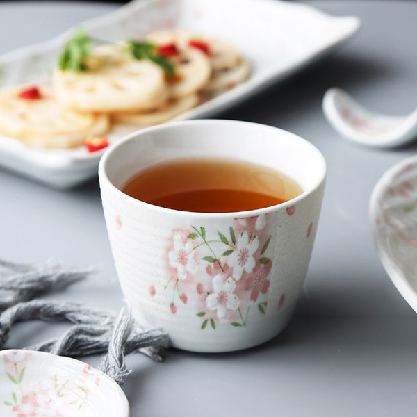 Early Spring Cherry Blossom Ceramic Tea Cup Handmade Japanese Water Mug Sushi Teacup Embossed Sakura on White Spiral Texture