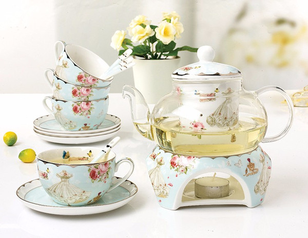 2019 Ceramic 15 PCS Flower Tea Set British Afternoon Black Tea Set Heatable Glass Teapot Bone China Tea Cups And Saucers