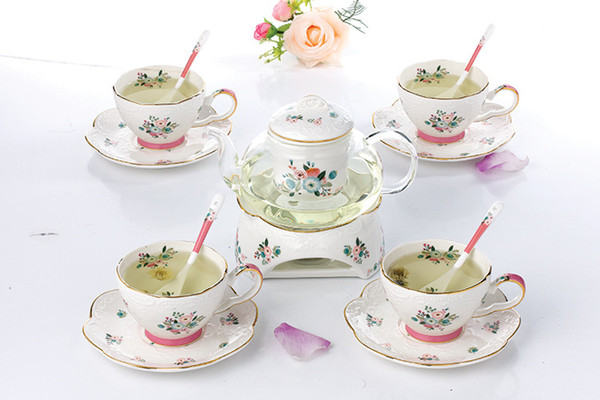 Tea Set European Afternoon Tea Heat-resisting Glass Teapot Household Cooking Bubbles Fruit Tea Relief Ceramic Teacup