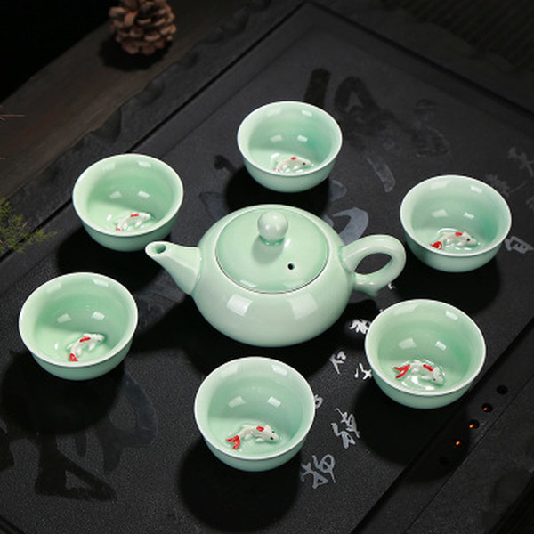 Longquan celadon ceramic tea set, fish cup, kung fu teaset, teapot, gaiwan, Tureen, teacup