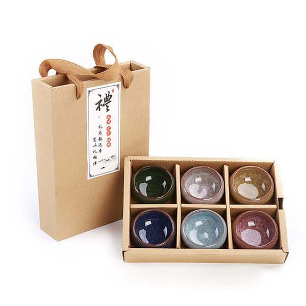 Gift Package 6pcs Ceramic China color tea cup set,Kung Fu Tea Set Crackle Glaze Travel Tea Bowl Chinese Teacup Sets