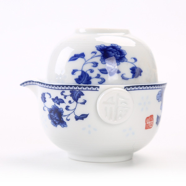 Blue and white porcelain travel Tea set Include 1 Pot 1 Cup, Elegant gaiwan,Beautiful and easy teapot kettle,kung fu teaset