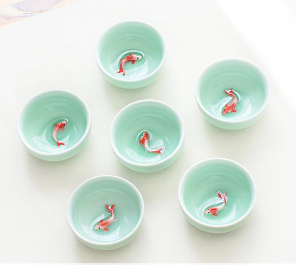 6pcs Celadon 3D Golden Fish China tea cup set,Kung Fu Tea Cup Set Crackle Glaze Travel Tea Bowl Chinese Porcelain Teacup Set