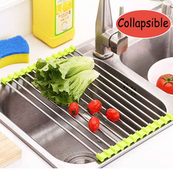 Home use Folding Stainless Steel +Silicone Kitchen Sink Drain Rack Shelf Fruit Vegetable Washing Rack Utensil Drainer