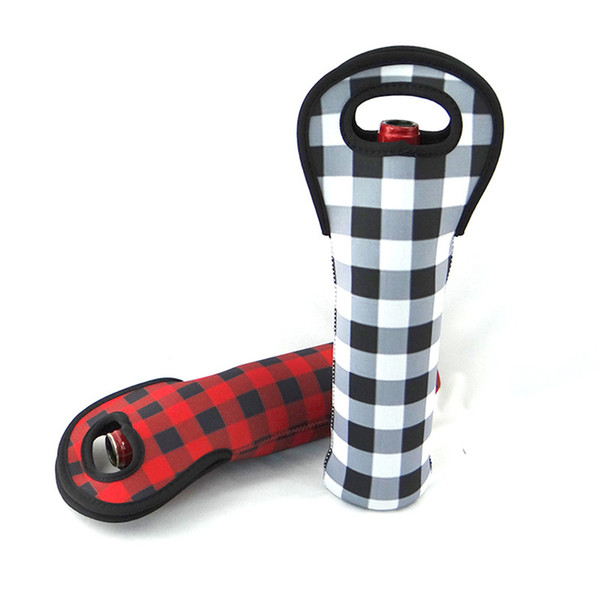 Christmas Red Check Wine Holder Wholesale Blanks Neoprene Buffalo Plaid Cooler Covers Wedding Gift Wraps 35pcs