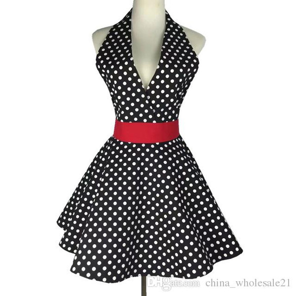 New Sexy Retro Black Polka Dot Bib 100% Cotton Kitchen Full Apron Dress For Wom n Waitress Gift Free Shipping