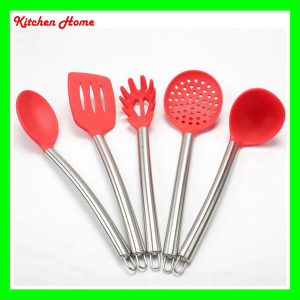 DHL Free Silicone Cooking Tools with Stainless Steel Handle For Nonstick Pots Silicone Spoon Skimmer Ladle Spaghetti Kitchen Utensils Set