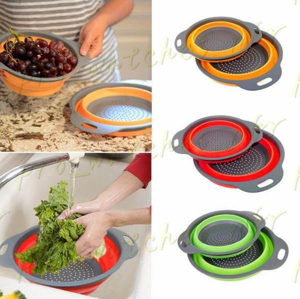 2pcs/set Folding Collapsible Silicone Colander Strainer Kitchen Fruit Filter Basket Fruit Vegetable Strainer Folding Filter Basket H0137