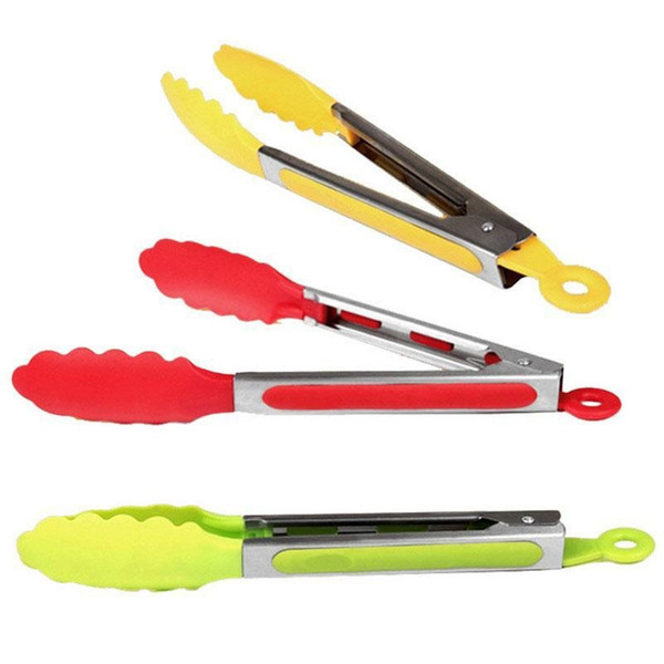 anti-burn Silicone Cook Salad bread meat Serving BBQ Ice Tongs Stainless Steel clips Handle Kitchen Tools wn034