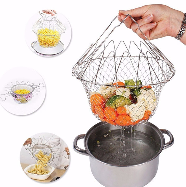 Foldable Steam Rinse Strain Fry French Chef Basket Magic Basket Mesh Basket Strainer Net Kitchen Gadget Cooking Tool