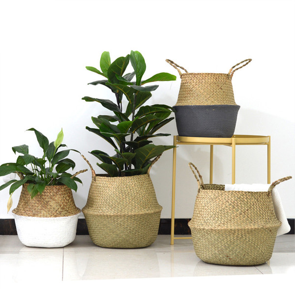 New Household Handmade Bamboo Storage Baskets Foldable Laundry Straw Patchwork Wicker Rattan Seagrass Belly Garden Flower Pot Planter Basket