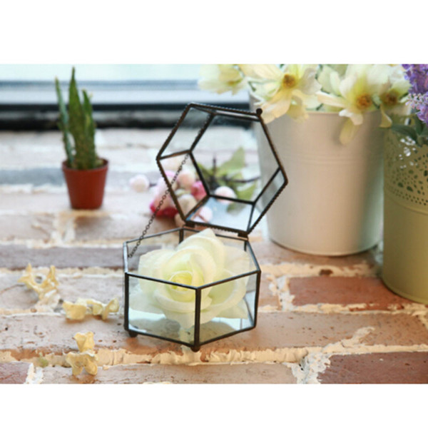 Six sides metal glass box flower pot planters metal glass pots desktop decoration Geometric vases art decor HWD58