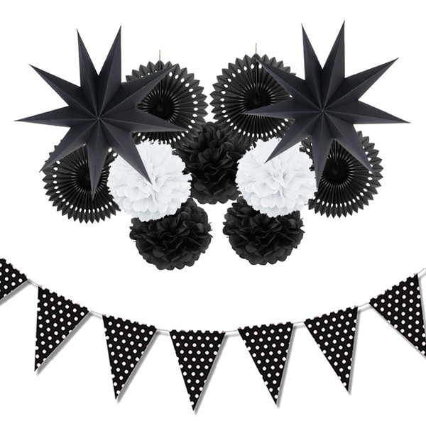 12pc (Black ,White )Paper Decoration Set Party Decor Paper Fans Stars For Birthday Party Wedding Baby Showers Garden Space Decor