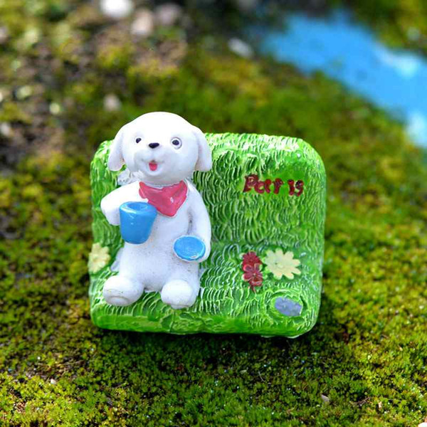 Cute Puppy Sitting On a Bench Holding a Cup Cartoon Dog Resin Craft Decor Moss Terrarium Micro Landscape Ornaments Fairy Garden DIY Zakka