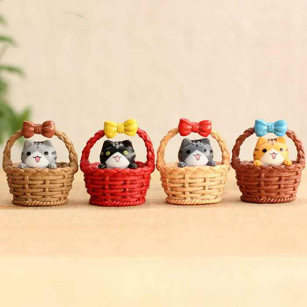 Private Cat In Bowknot Bamboo Basket Resin Doll Toy Moss Terrarium Ornaments Micro Landscape Accessories DIY Miniature Fairy Garden DIY