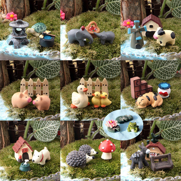 30pcs / 10set animals miniatures figurines duck mushroom dogs pig resin craft dollhouse bonsai decor terrarium decoracion jardin