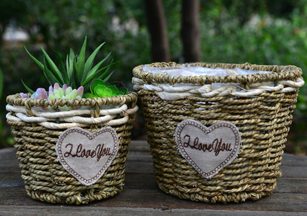 4PCS - PACK Country Style Handmade Flower Basket Straw Plaited Artificial Plants Storage Vase Pastoral Flower Pot Home Decor