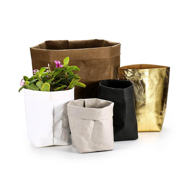 Gardening Washable Kraft Paper Bag Plant Flower Pot Vegetable Grow Bag Basket Multifunction Home Storage Container 10x10x20cm Gold Silver