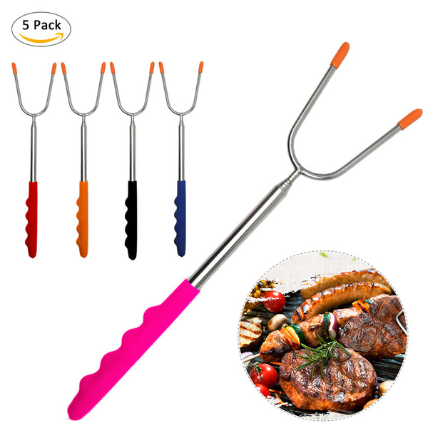 5pcs / Set BBQ Tools / Bag with Barbecue Package Camping Hot Dog Retractable Stick / Skewer Barbecue Fork Stainless Steel WS-10