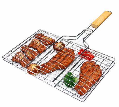 Summer Outdoor Barbecue Tools Grilled Fish Clip Roast Meat Hamburger Net Environment Barbecue Accessories with Wood Crank