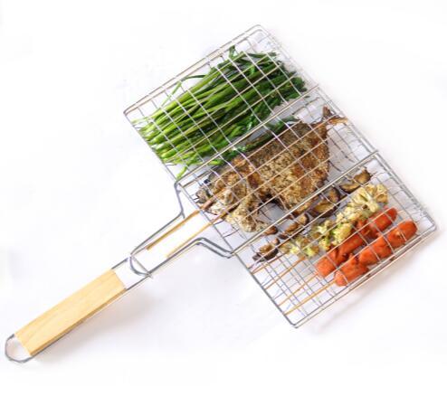 Summer Outdoor Barbecue Tools Grilled Fish Clip Roast Meat Hamburger Net Environment Barbecue Accessories with Wood Crank