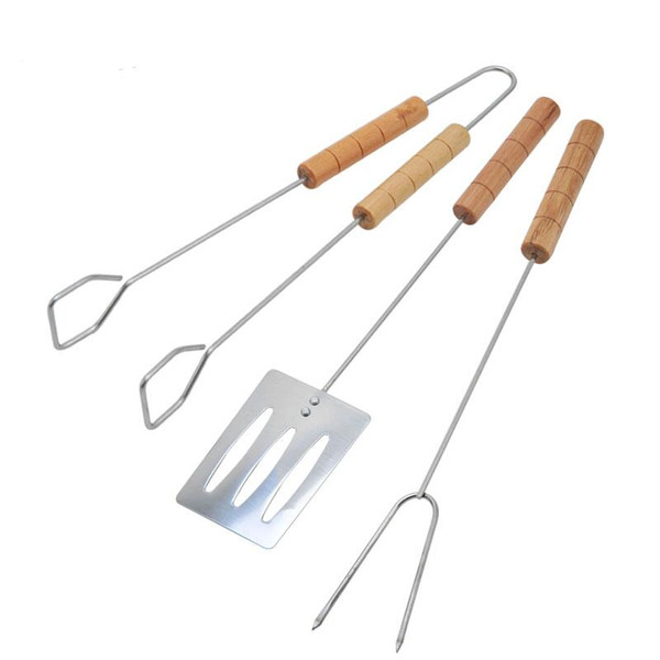 Practical wooden skewers for picnic barbecue stainless steel three-piece suit Outdoor BBQ barbecue accessories LX3582