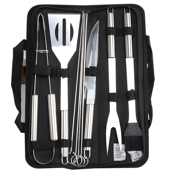 9pcs/Set Stainless Steel BBQ Tools Outdoor Barbecue Grill Utensils With Oxford Bags Stainless Steel Grill Clip Brush Knife Kit VT1146 T03