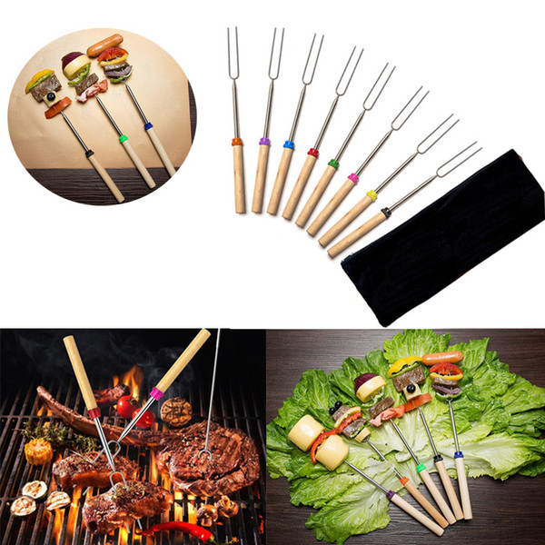 8pcs/Set Roasting BBQ Sticks with Wooden Handle Telescoping Smores Skewers & Hot Dog Forks Fire Pit Camping Cookware Campfire Cooking