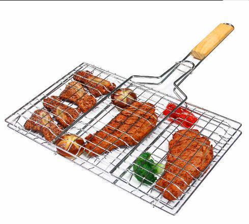 2018 hot sale BBQ Barbecue 2 Fish Grilling Basket Roast Folder Tool with Wooden Handle